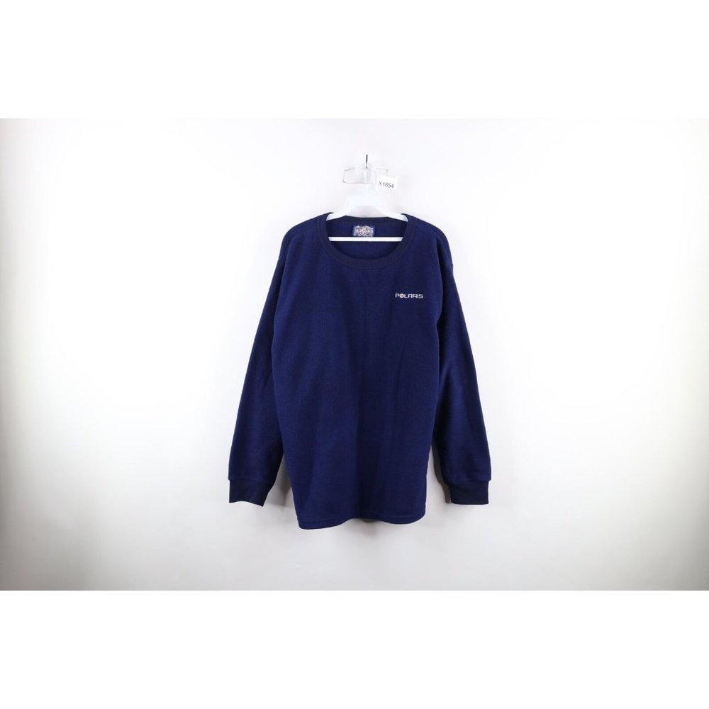 Vtg 90s Polaris Snowmobile Mens XL Spell Out Fleece Crewneck Sweater Blue USA